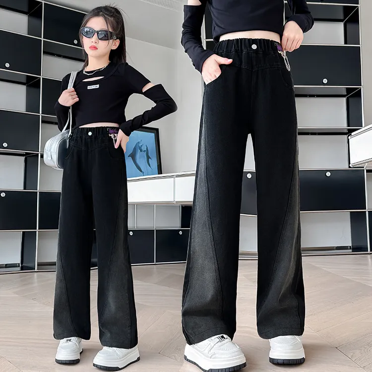 女童牛仔裤春秋2025新款儿童加绒加厚裤子女孩大童直筒黑色阔腿裤