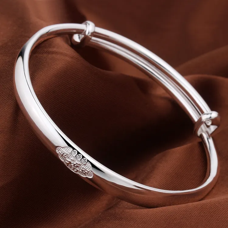 足银手镯 足银999.9平安福实心推拉手镯经典简约可调节镯子约31克