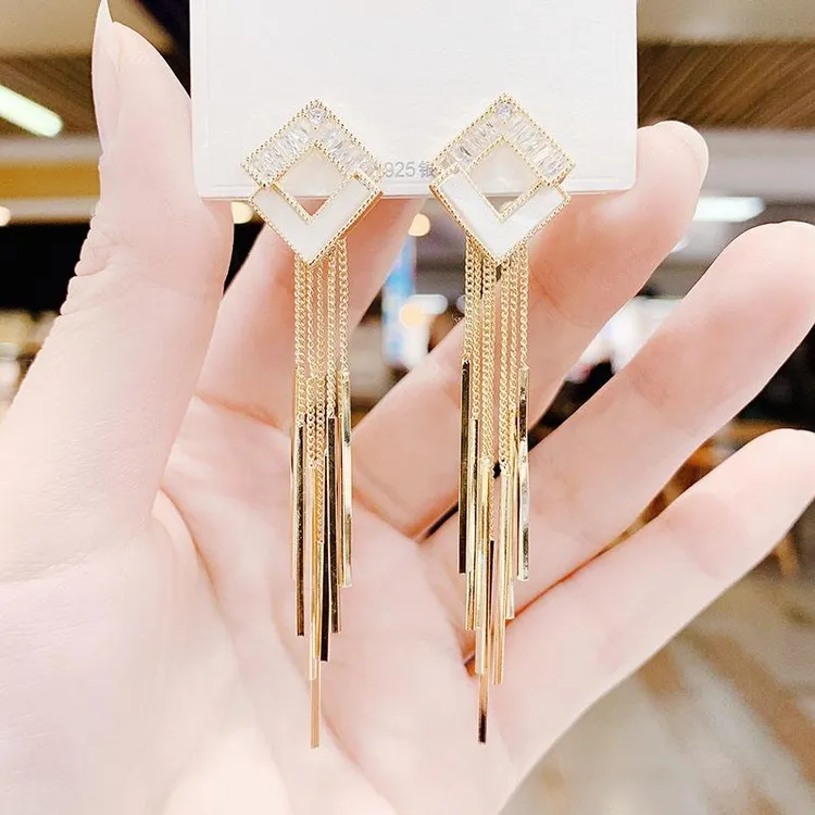 925银耳饰 高级感几何方块锆石流苏耳环女韩国气质个性时尚上档次