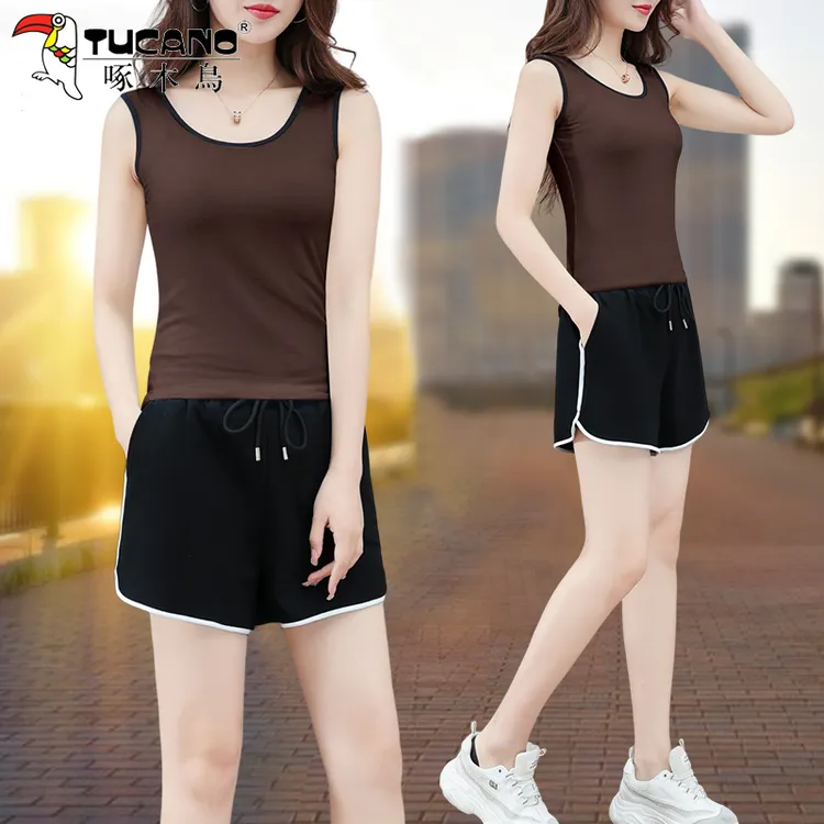 【官方】啄木鸟健身服运动套装女士夏季速干背心跑步短款两件套