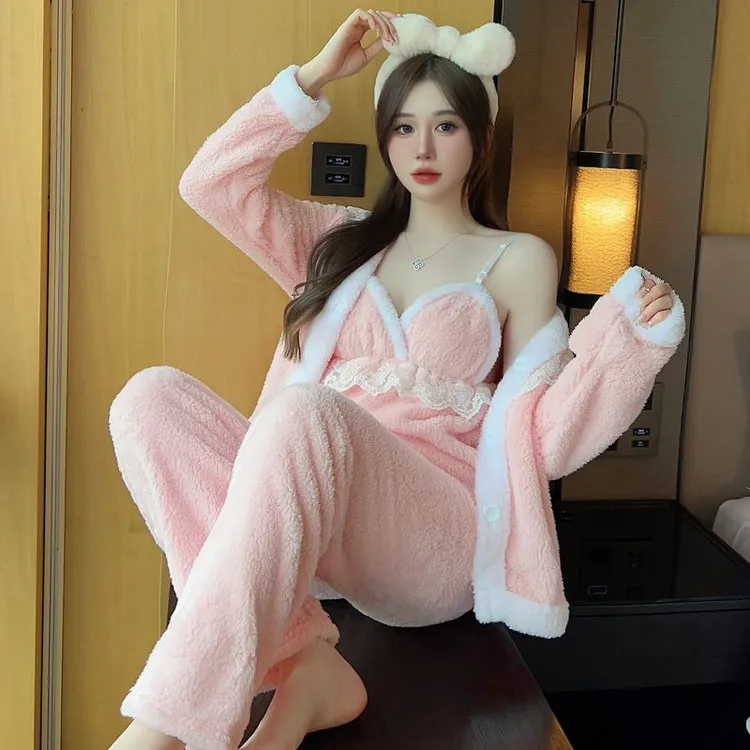 秋冬季加厚珊瑚绒睡衣女三件套性感甜美蕾丝公主风吊带保暖家居服