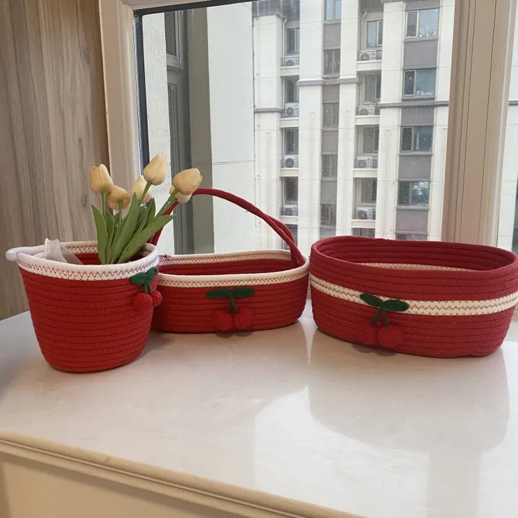 樱桃手工收纳篮杂物收纳筐可爱客厅圆形储物家用收纳筐桌面收纳盒