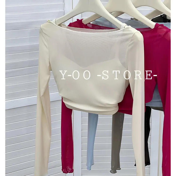上身秒好看朦胧假两件网纱瑜伽服女 带胸垫运动T恤短款健身服长袖