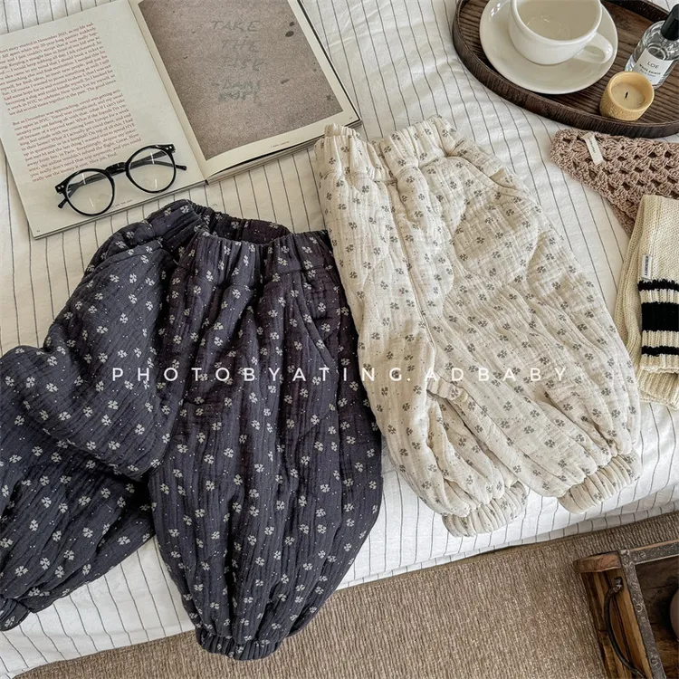 2024秋冬新款儿童韩版碎花夹棉冬季棉裤女童男童百搭洋气裤子