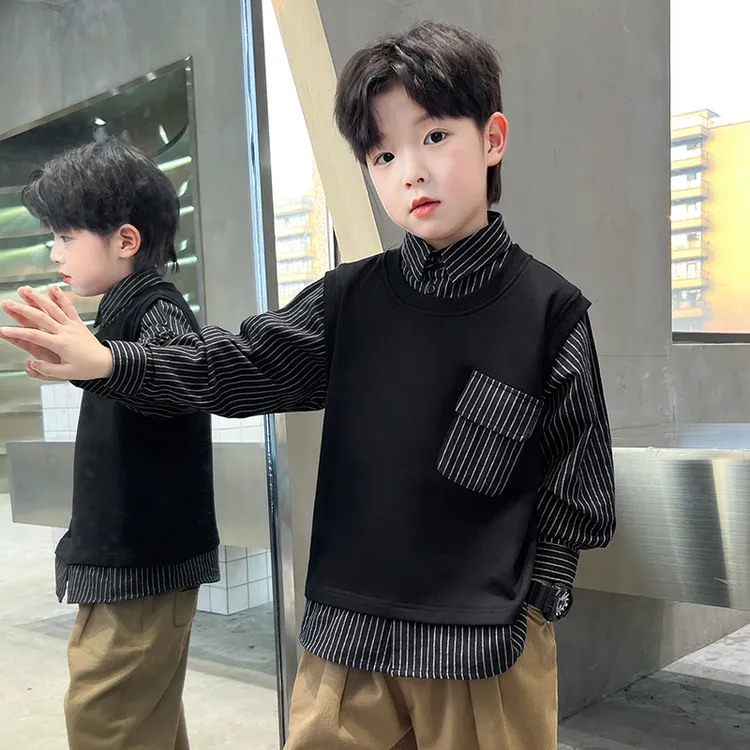 中班仔男童卫衣假两件拼接条纹衬衫春秋装儿童中大童春季潮*39646