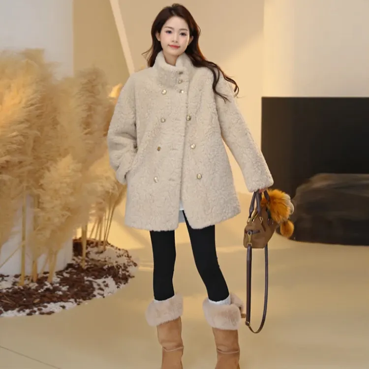 高级清冷干净女装小香风立领毛毛外套女秋冬皮毛一体宽松加厚时尚