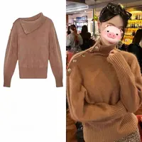 不规则侧扣翻领针织衫女秋冬季慵懒风打底毛衣宽松设计感软糯上衣