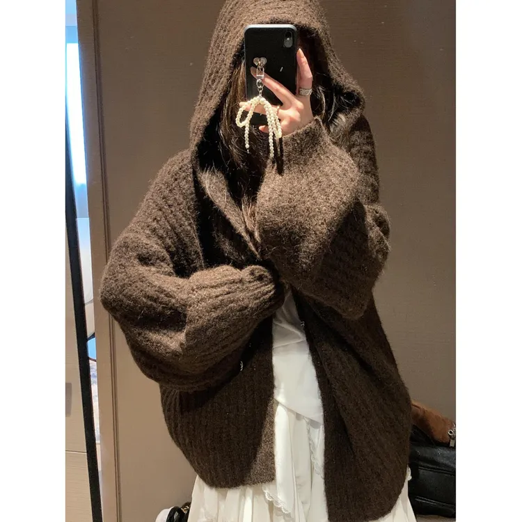 奶fufu灯笼袖连帽毛衣外套女新款宽松显瘦慵懒加厚羊毛针织开衫