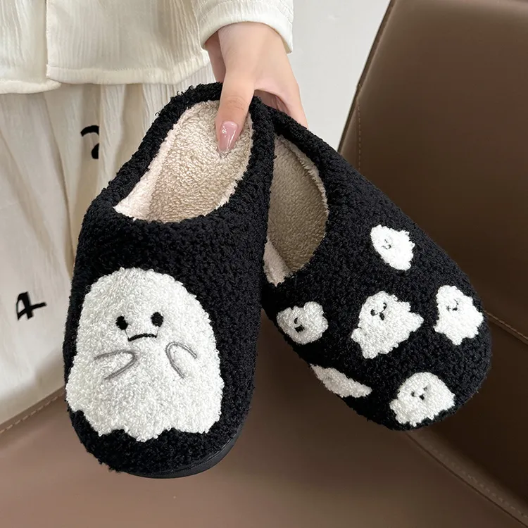 万圣节可爱小幽灵棉拖鞋女室内休闲卡通防滑秋冬季保暖毛毛鞋冬天