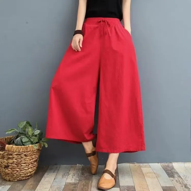 2024女士修身大版新款水洗棉麻裤休闲宽松中老年苎麻裙裤女夏大码
