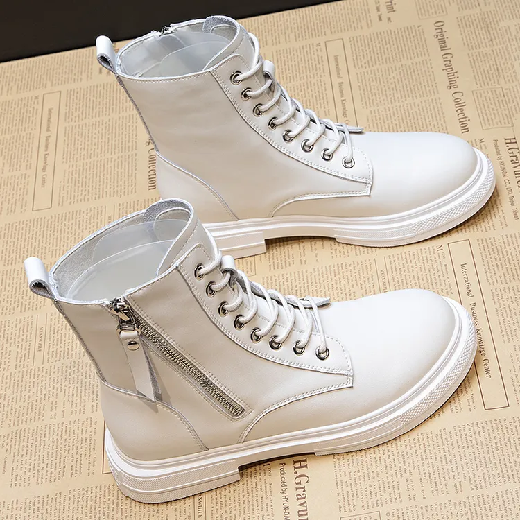 全牛皮女士皮鞋软皮软底白色短靴2025新款大码女鞋秋冬马丁女靴子