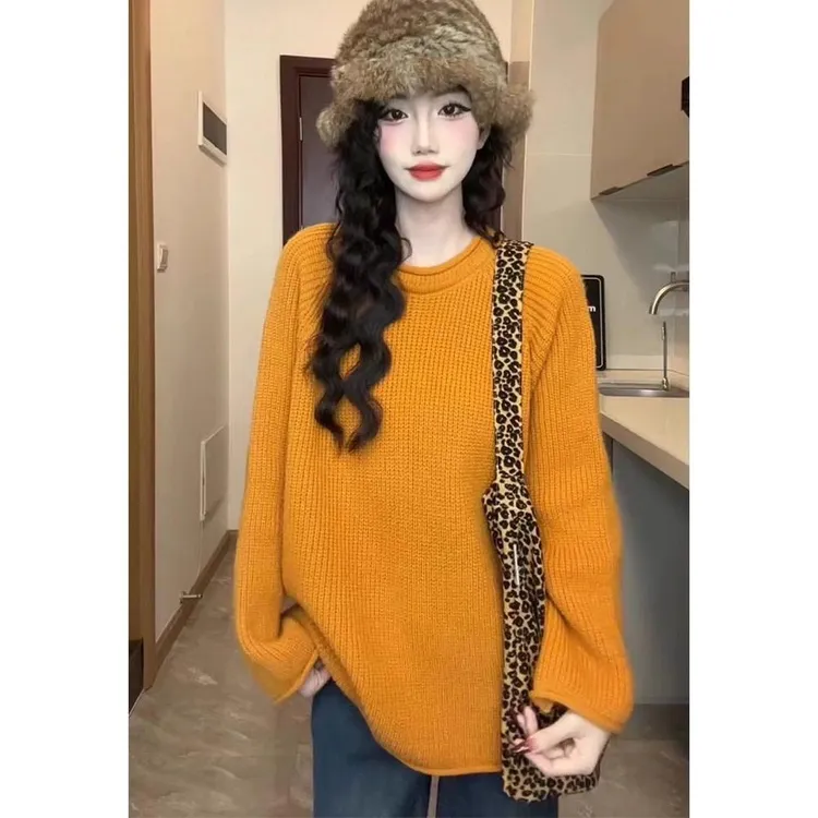 慵懒风软糯超显白南瓜橘针织衫毛衣女新款韩版宽松百搭纯色上衣女