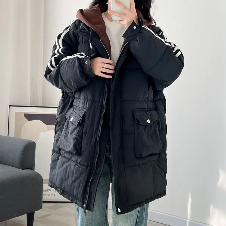 特大码女装300斤拼接棉服外套胖mm中长款240假两件加厚连帽棉衣冬