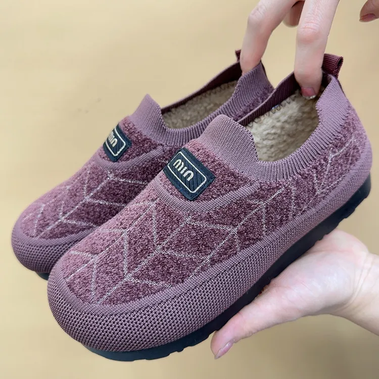 棉鞋女士冬季加绒加厚毛毛鞋一脚蹬保暖棉靴中老年平底防滑妈妈鞋