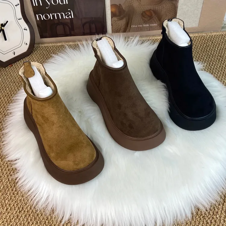 英伦风厚底绒面勃肯鞋女2024冬季新款大头松糕加绒切尔西马丁短靴