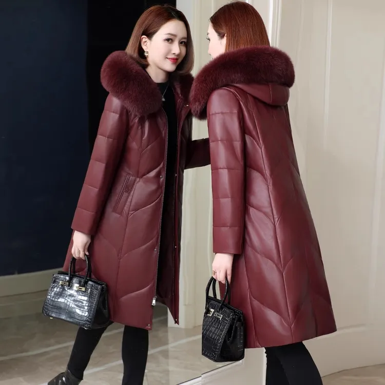 海宁绵羊皮羽绒服女中长款2024冬季新款安哥拉红真皮皮衣皮草外套