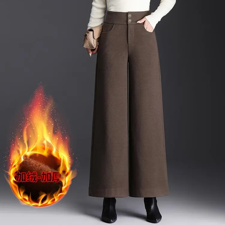 加绒加厚毛呢阔腿裤女冬季2025新款高腰宽松垂感小个子通勤休闲裤