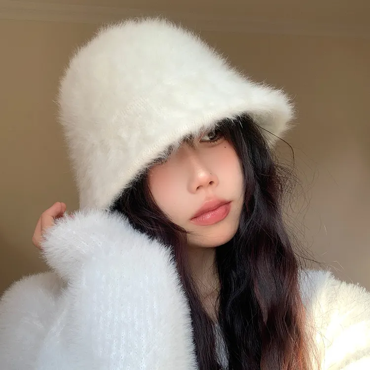 网红兔毛渔夫帽女显脸小秋冬百搭素颜遮脸盆帽保暖毛绒水桶帽子潮