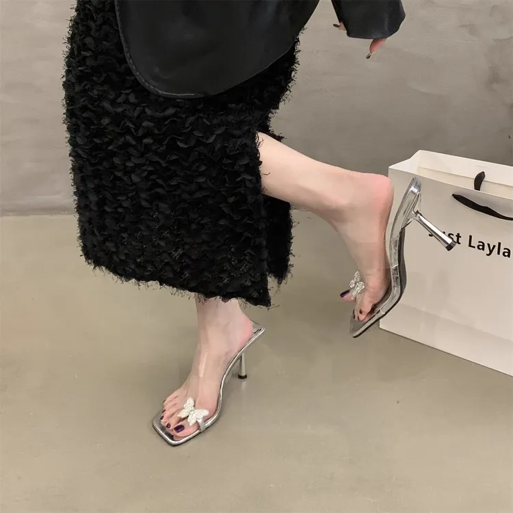 夹脚水钻高跟凉鞋女2025夏季方头套趾细跟百搭拖鞋透明一字带凉拖