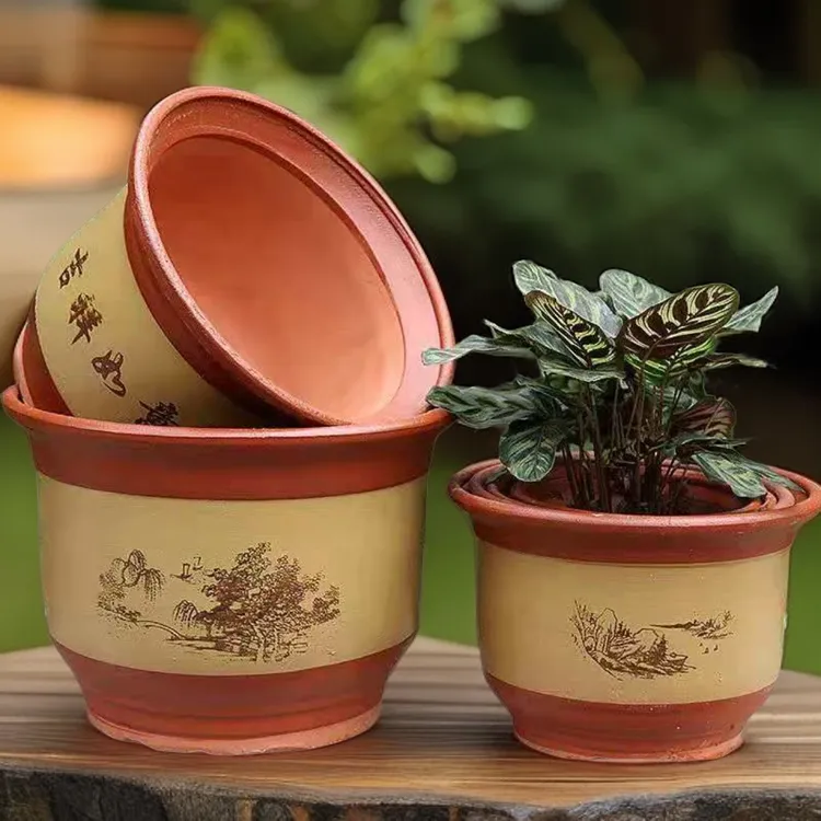 1粗砂陶瓷花盆古法黄简约家用粗陶种花种树绿植姜黄色花盆批发商品图