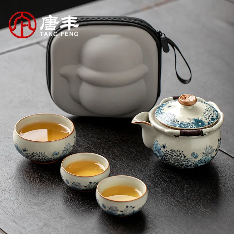 唐丰青花汝窑旅行茶具户外旅游便携式快客杯泡茶缠枝莲手抓壶套装商品图