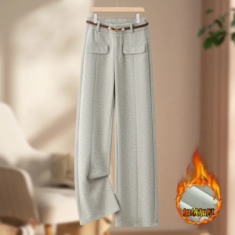 高腰窄版阔腿裤女秋冬新款人字纹加绒毛呢直筒休闲百搭垂感直筒裤