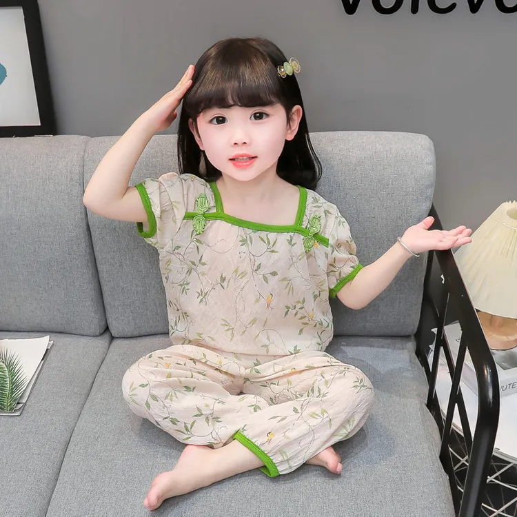 女童睡衣夏季薄款2024新款儿童装女孩宝宝绵绸套装中国风盘扣短袖