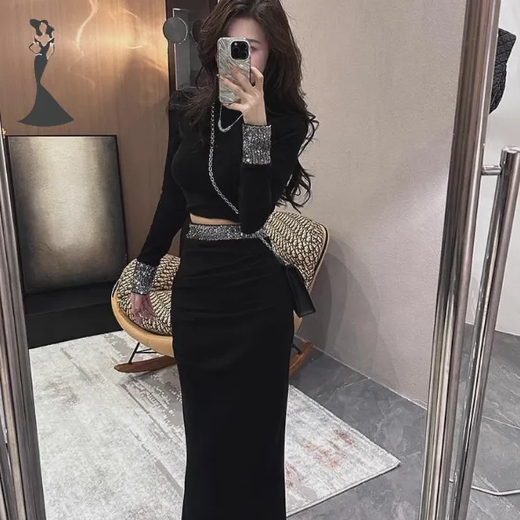 2024早秋新款美式复古两件套亮片镶边时尚长袖上衣收腰半身裙女装
