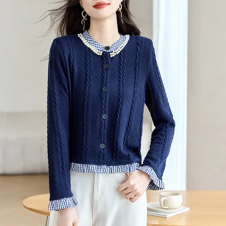 小香风圆领假两肩针织衫衣秋季新款复古钉珠设计长袖女士打底衫