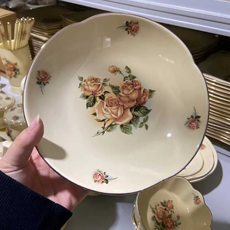金玫瑰陶瓷菜盘2个装 7英寸18厘米 8英寸20厘米 韩式复古餐盘家用