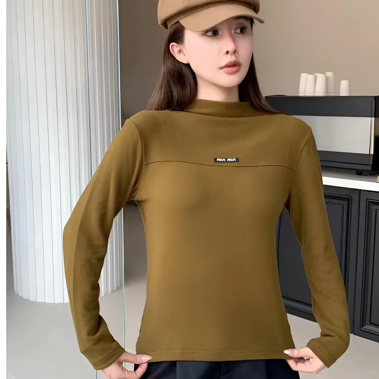 2024年秋冬特丽绒半高领女士大码t恤时尚修身长袖上衣洋气打底衫