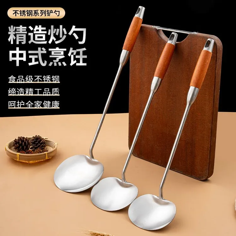 不锈钢炒勺贵州款式炒菜加厚加长版炒菜勺长柄短柄防烫厨房炒铲