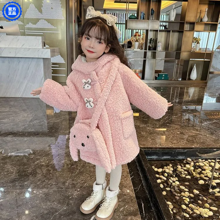 女童冬季加绒外套2024新款甜美系女宝宝毛毛衣服中长款连帽大衣潮
