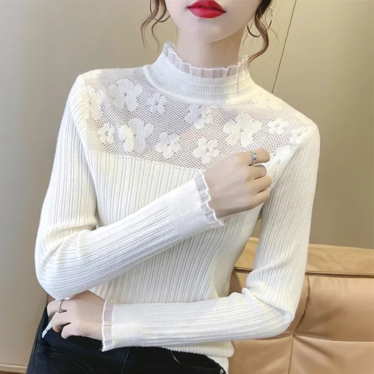 春装洋气甜美打底衫女毛衣半高领修身蕾丝内搭针织衫上衣花边领