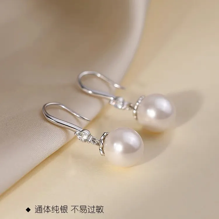 足银耳饰 足银耳环珠珠高档纯银耳勾气质古风复古花朵女耳坠轻奢