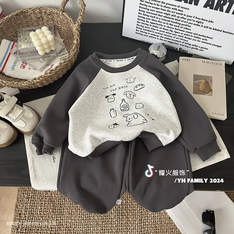 春季新款儿童卫衣套装卡通圆领卫衣洋气运动风休闲男童卫裤两件套