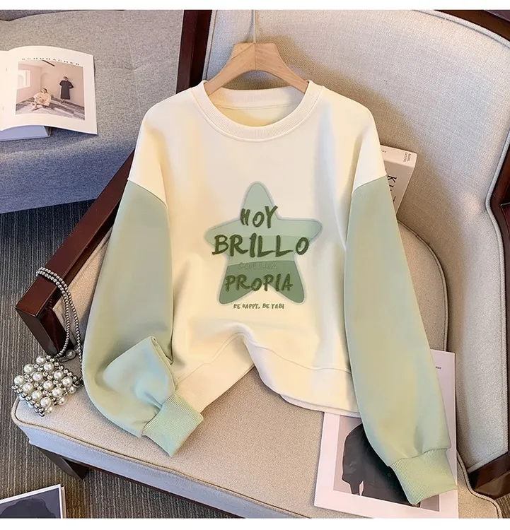 女童春秋拼接撞色圆领套头卫衣中大童2024年新款韩系穿搭上衣洋气