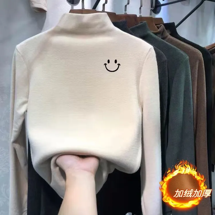 女童打底衫秋冬加绒加厚一体绒中大童长袖双面磨毛半高领百搭T恤