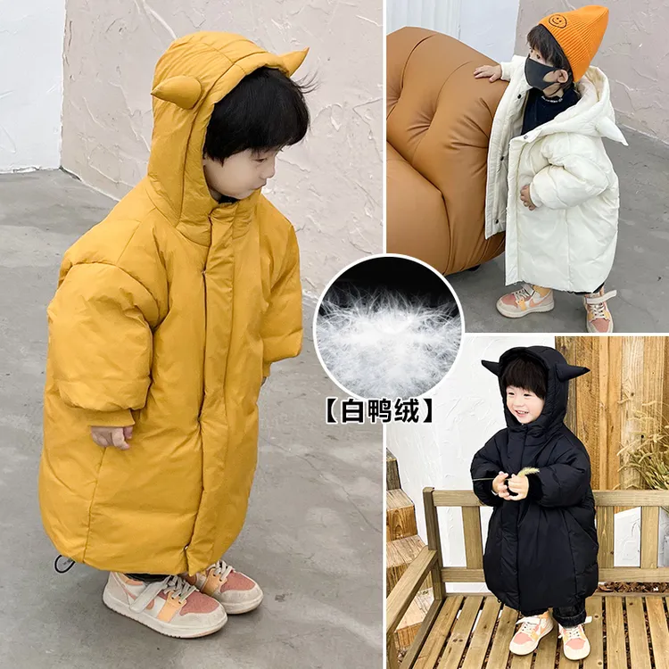 男童连帽羽绒服儿童白鸭绒小恶魔中长款宝宝冬装加厚女童宝宝外套