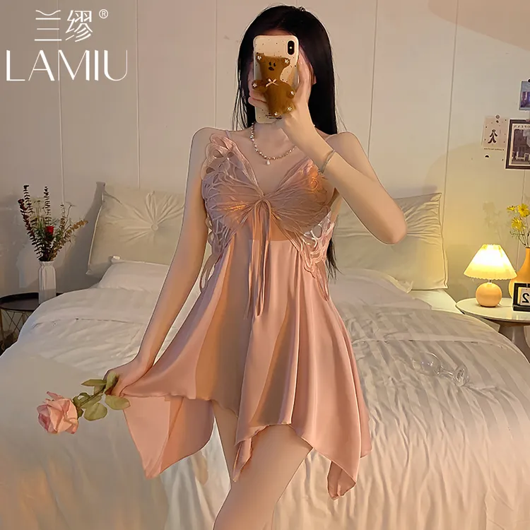 兰缪冰丝睡衣夏款2024年新款夏天吊带睡裙带胸垫纯欲风性感家居服