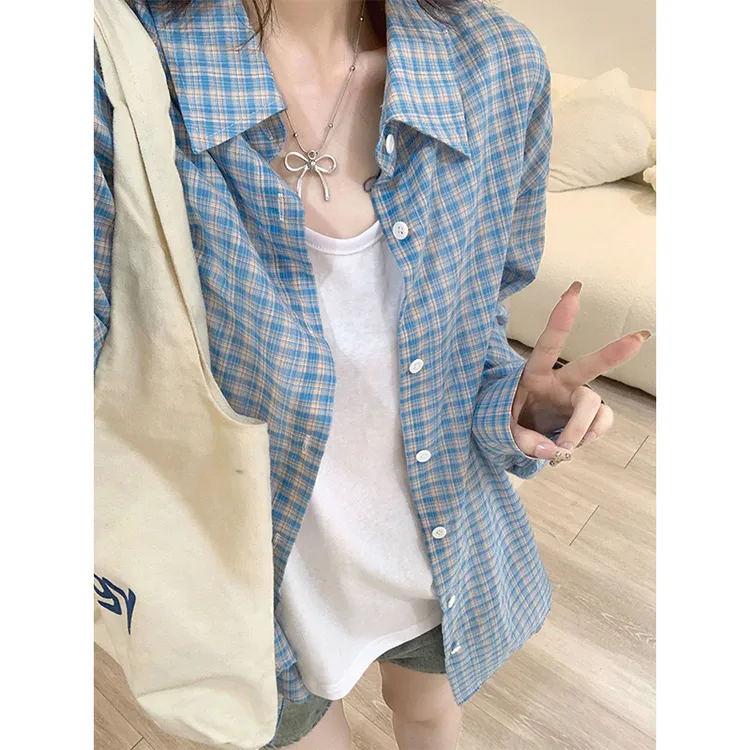 章若楠同款蓝色格子衬衫女秋季设计感小众宽松慵懒风防晒长袖上衣