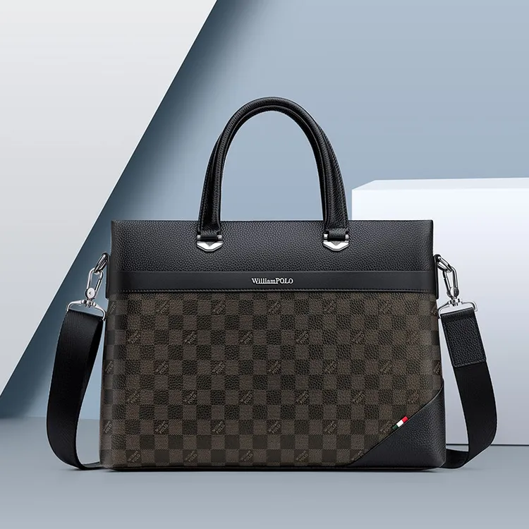 英皇保罗男士时尚大气格子纹头层牛皮公文包电脑包休闲商务高档