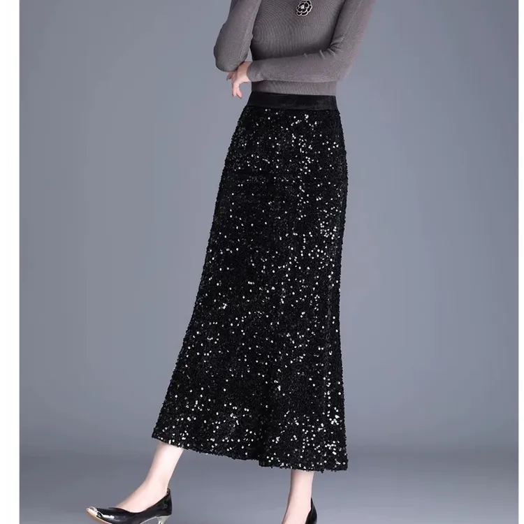 早秋黑色松紧腰亮片丝绒鱼尾裙半身裙女中长款显瘦垂感气质长裙