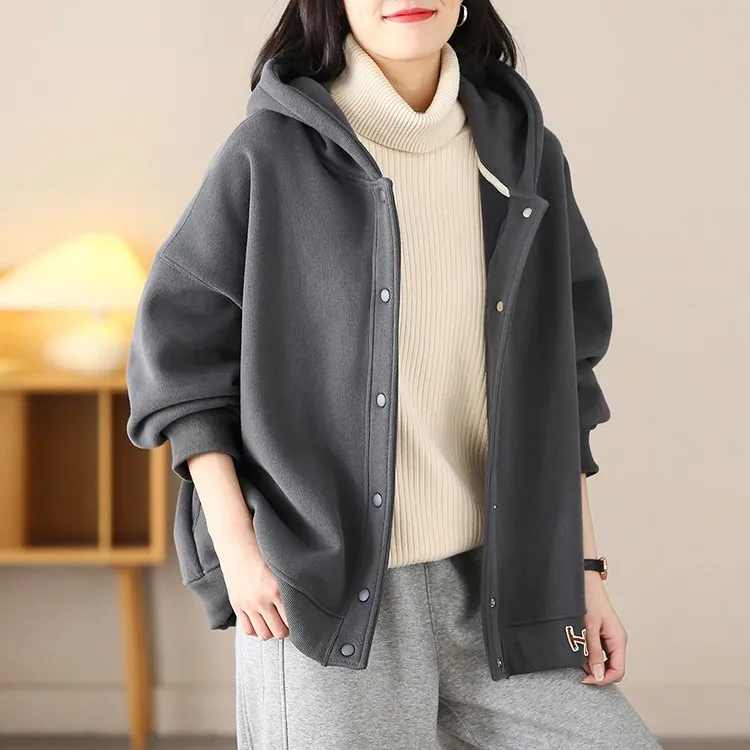 连帽卫衣女2024春秋新款韩版宽松大码百搭简约舒适宽松开衫外套