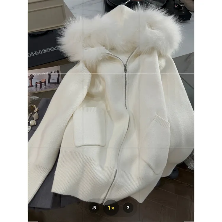 温柔风连帽针织外套女拼接毛领设计感2024年秋季新款气质百搭上衣