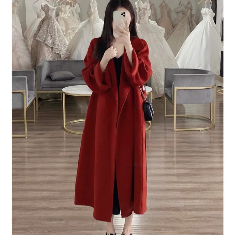 红色双面羊毛大衣女冬季2024年新款宽松高级感气质中长款毛呢外套
