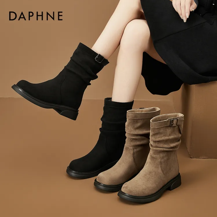 达芙妮靴子女2025秋冬新款厚底增高短靴西部马丁靴中筒骑士堆堆靴