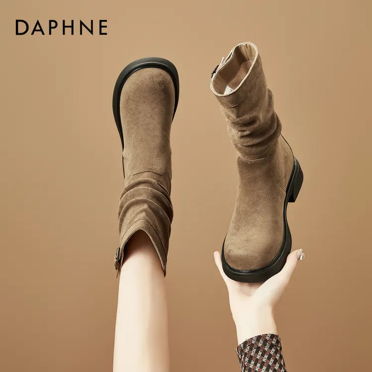 达芙妮堆堆靴女2025春季新款厚底增高短靴西部马丁靴中筒瘦瘦靴子