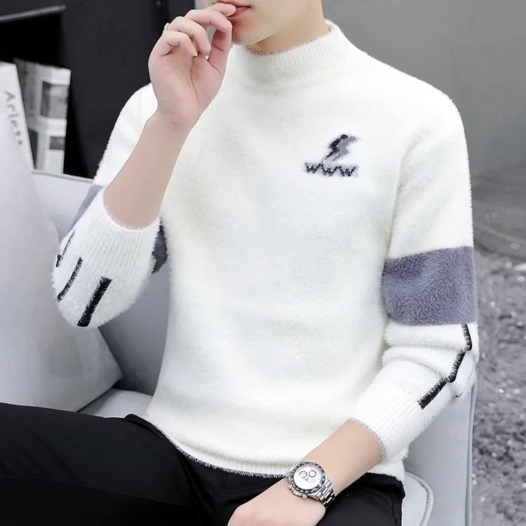 冬季水貂绒毛衣男加厚保暖闪电提花拼色男士针织衫打底衫男装线衣