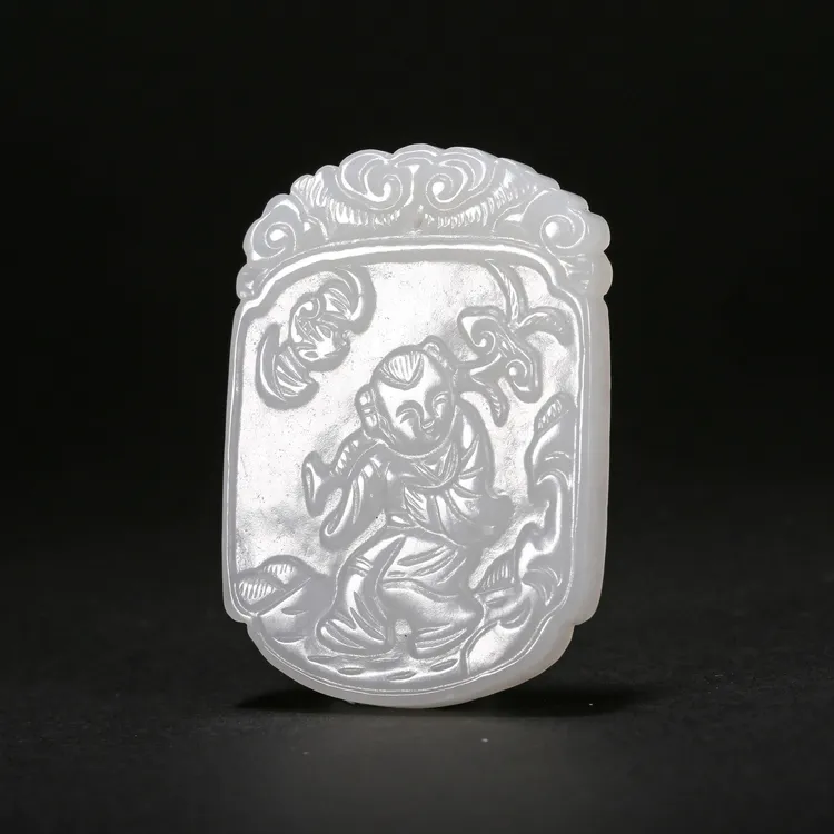 【济文阁】JWYS20701439清晚期 和田白玉童子献寿玉牌